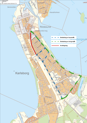 Karta över vägavstängningen - berört område och markeringar för hur trafiken leds om.