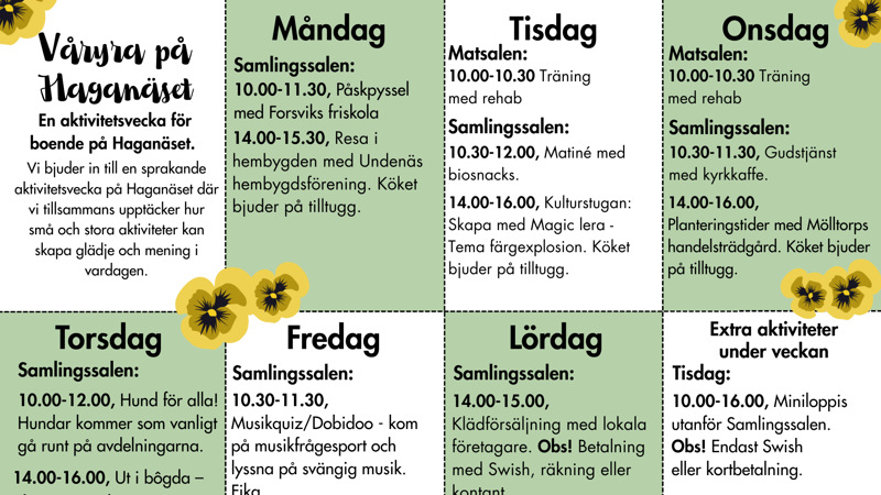 En digital bild av schemat för aktivitetsveckan på Haganäset.