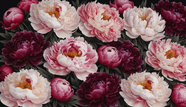 En klase rosa och vita blommor med blad.