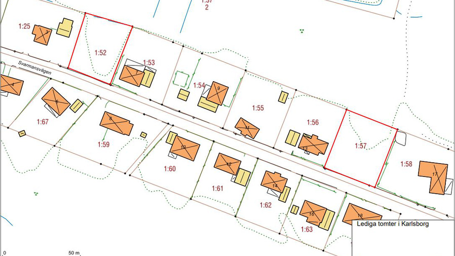 En karta över lediga tomter på Svarmansvägen i Undenäs