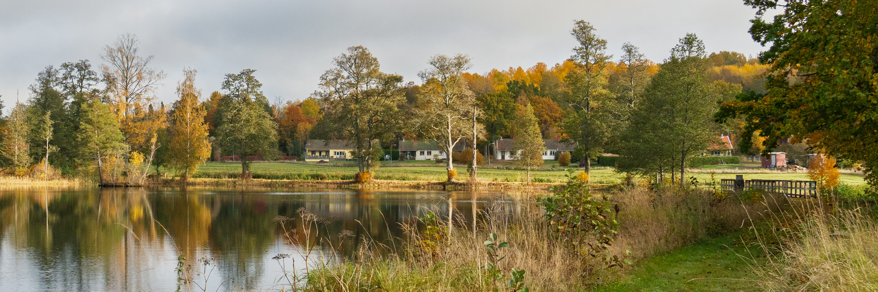 Gräsbevuxen stig med en sjö vid sidan och byggnader i bakgrunden.