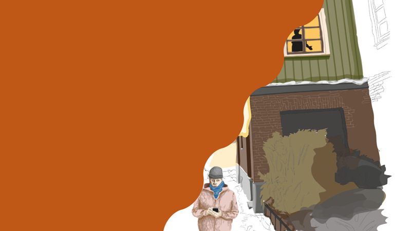 En teckning av en person som står framför ett hus.