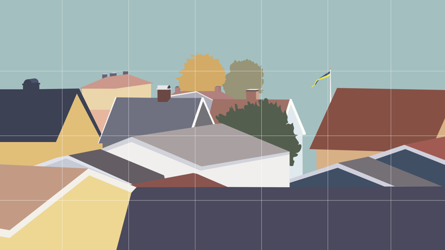 En illustration av hustak och träd.