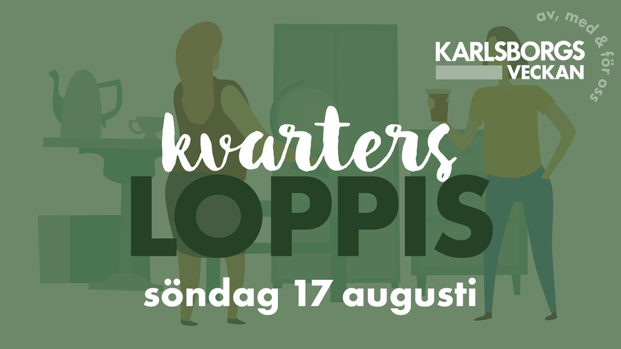 Några personer som står bredvid varandra med texten "Kvartersloppis sändag 17 augusti" ovanpå.