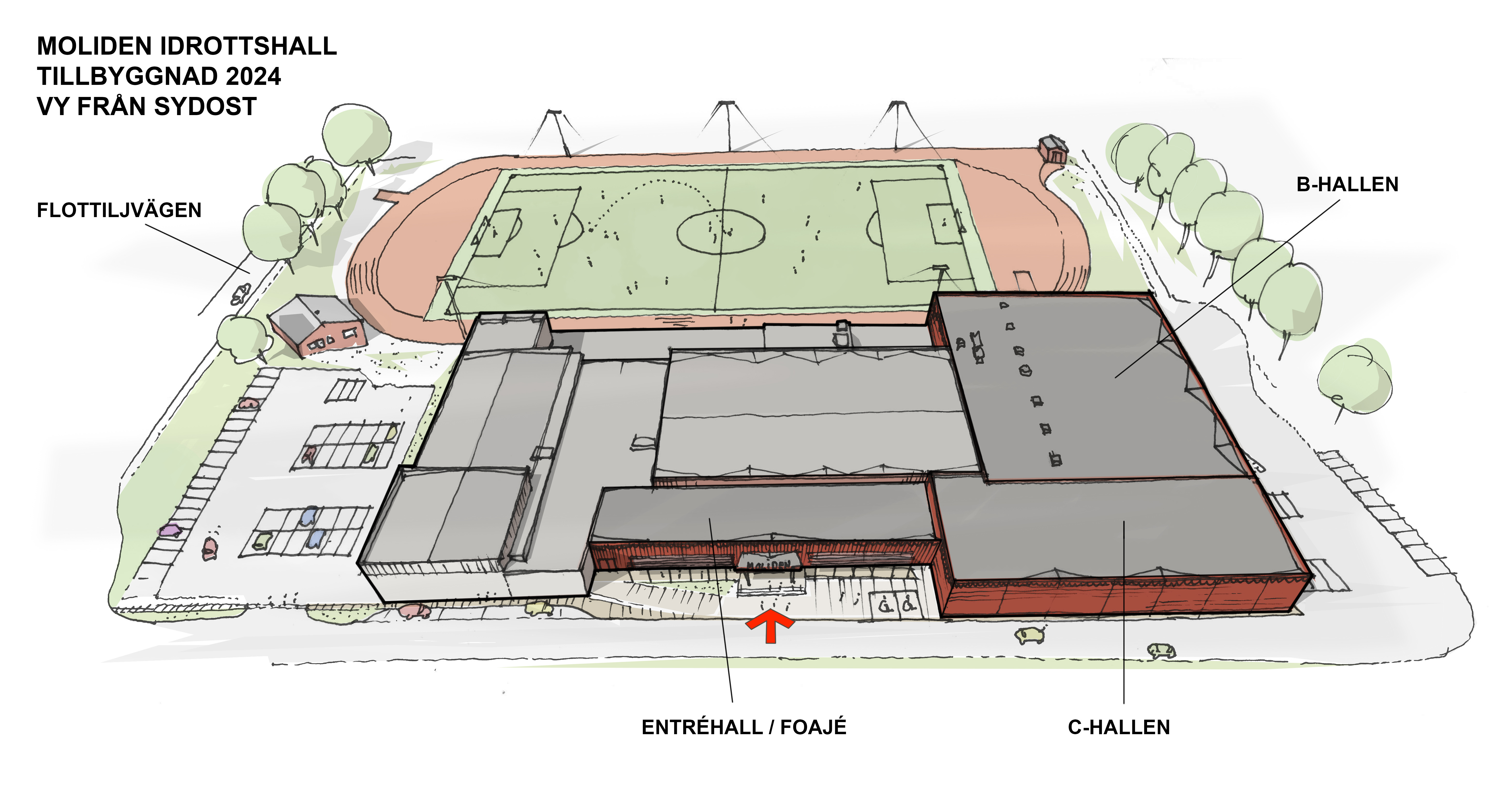 Illustration över hur Molidens sim-och idrottsanläggning kommer att se ut när om- och utbyggnationen är klar våren 2026.