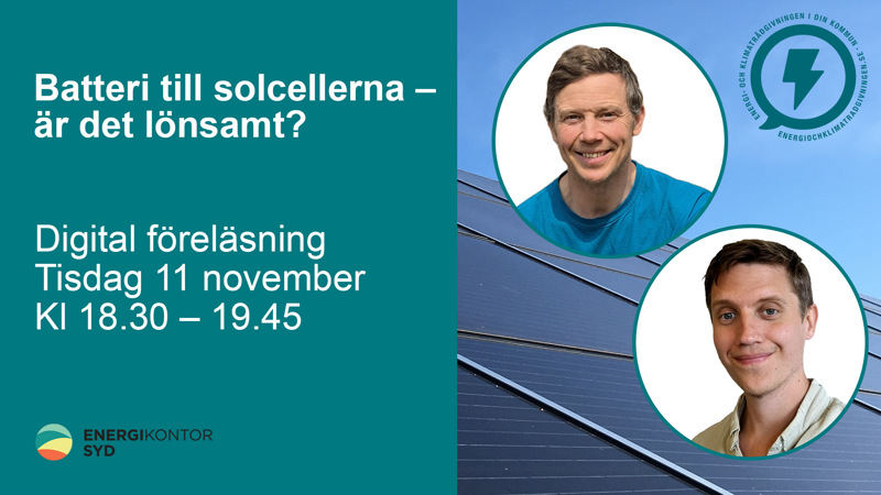 Till vänster en grön bakgrund med vit text som handlar om webbinariet. Till höger foton på föreläsarna.