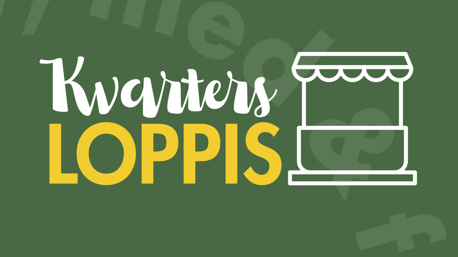 En grafisk bild där det står "Kvarters loppis" på med en symbol som ska symbolisera ett loppisbord.