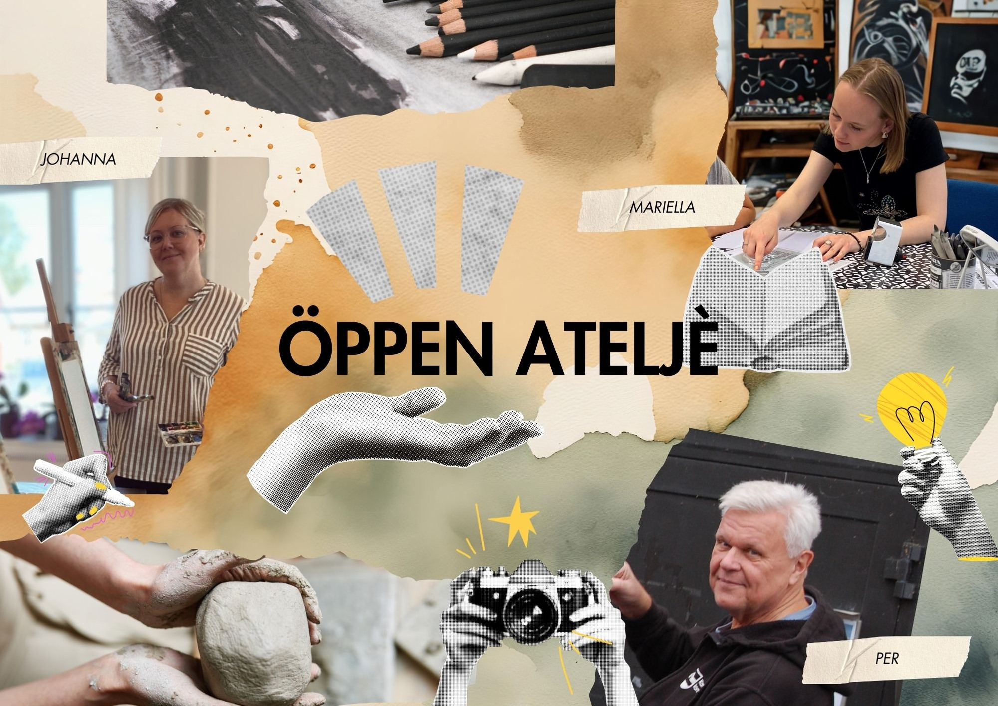 Ett collage med foton av människor som håller Öppen Atelje i Kulturstugan