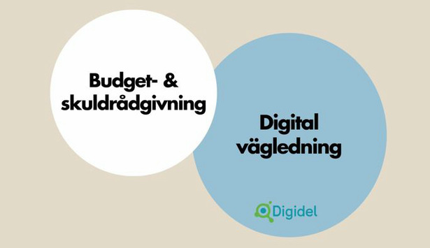 bubblor med texten digital vägledning och budget och skuldrådgivninv