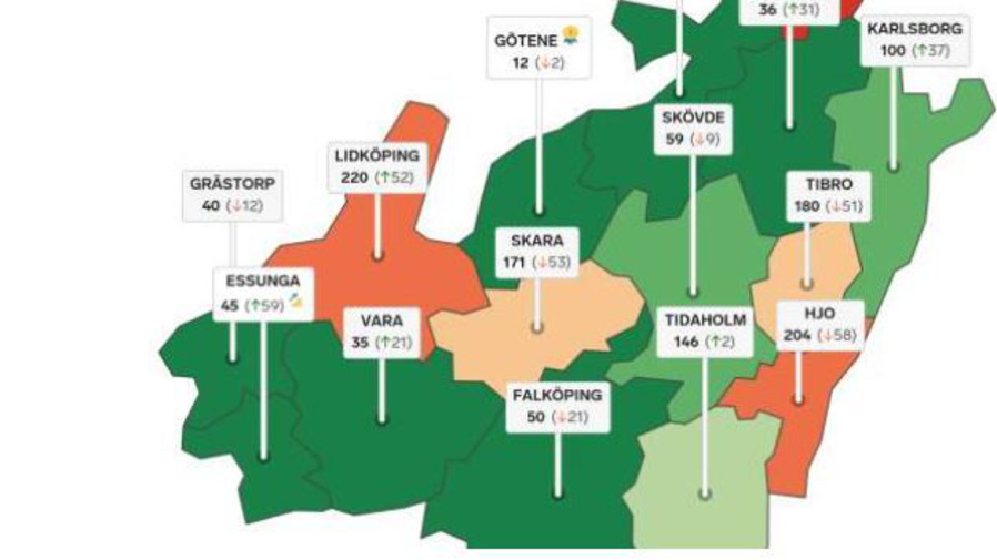 Kartbild med Skaraborgs kommuner och hur de rankades senaste näringslivsrankningen från organisationen Svenskt Näringsliv