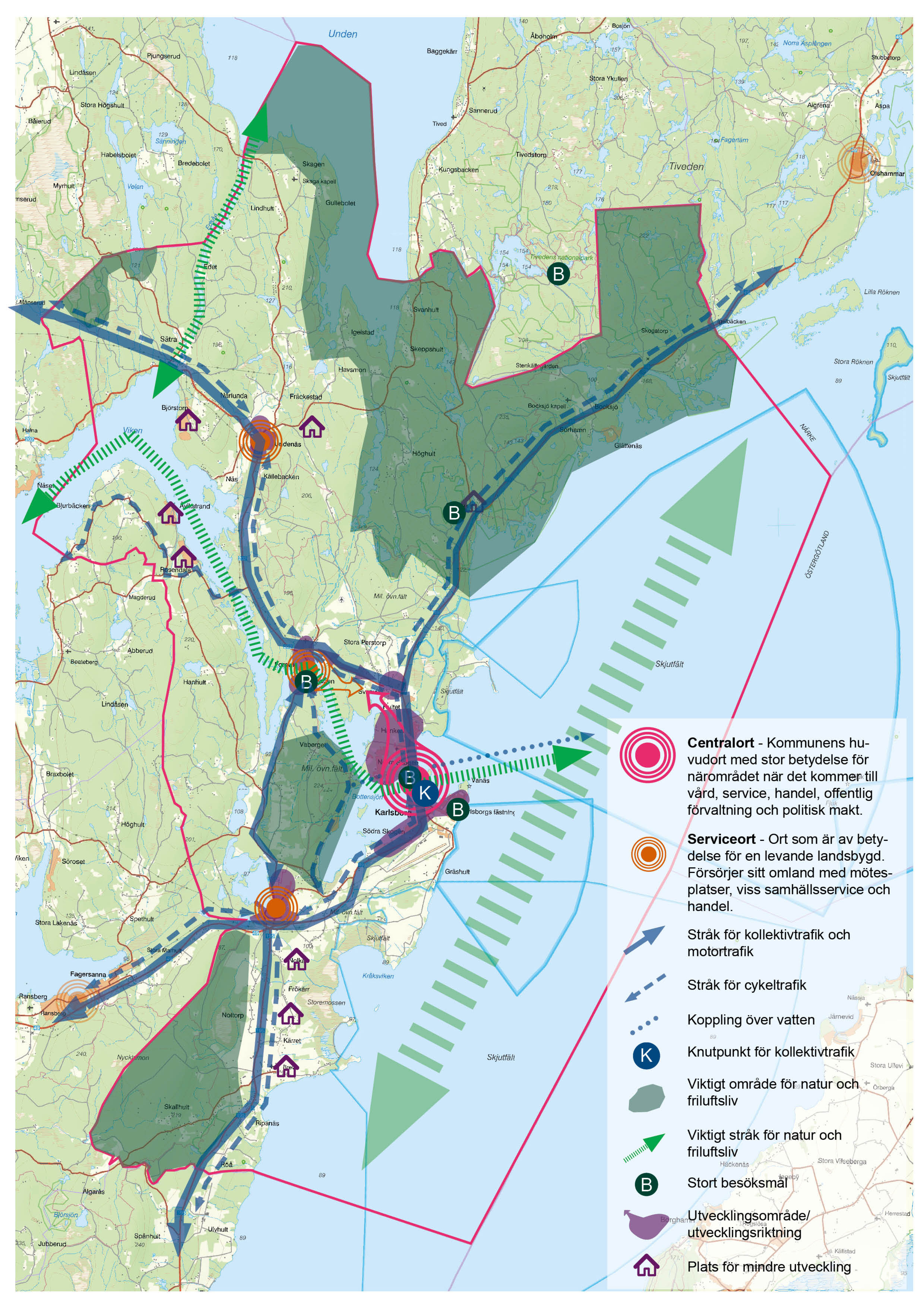 En karta över Karlsborg med olika området angivna som illustrerar den nya översiktsplanens utvecklingsinriktning.