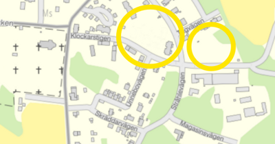 Karta &ouml;ver Unden&auml;s t&auml;tort med markering av Unneboomr&aring;det och lekplatsen.