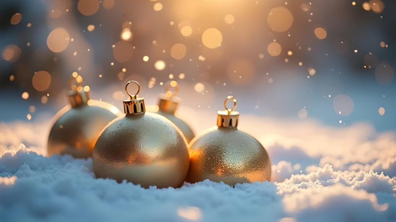 Tre glänsande julprydnader i snön