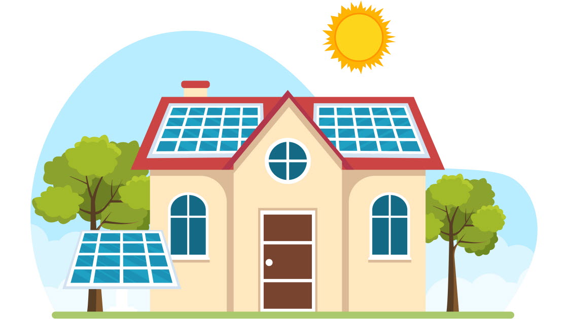 Illustration med ett hus med solpaneler på taket