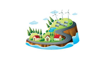 Illustration med hus, väg, solpaneler och vindkraftverk